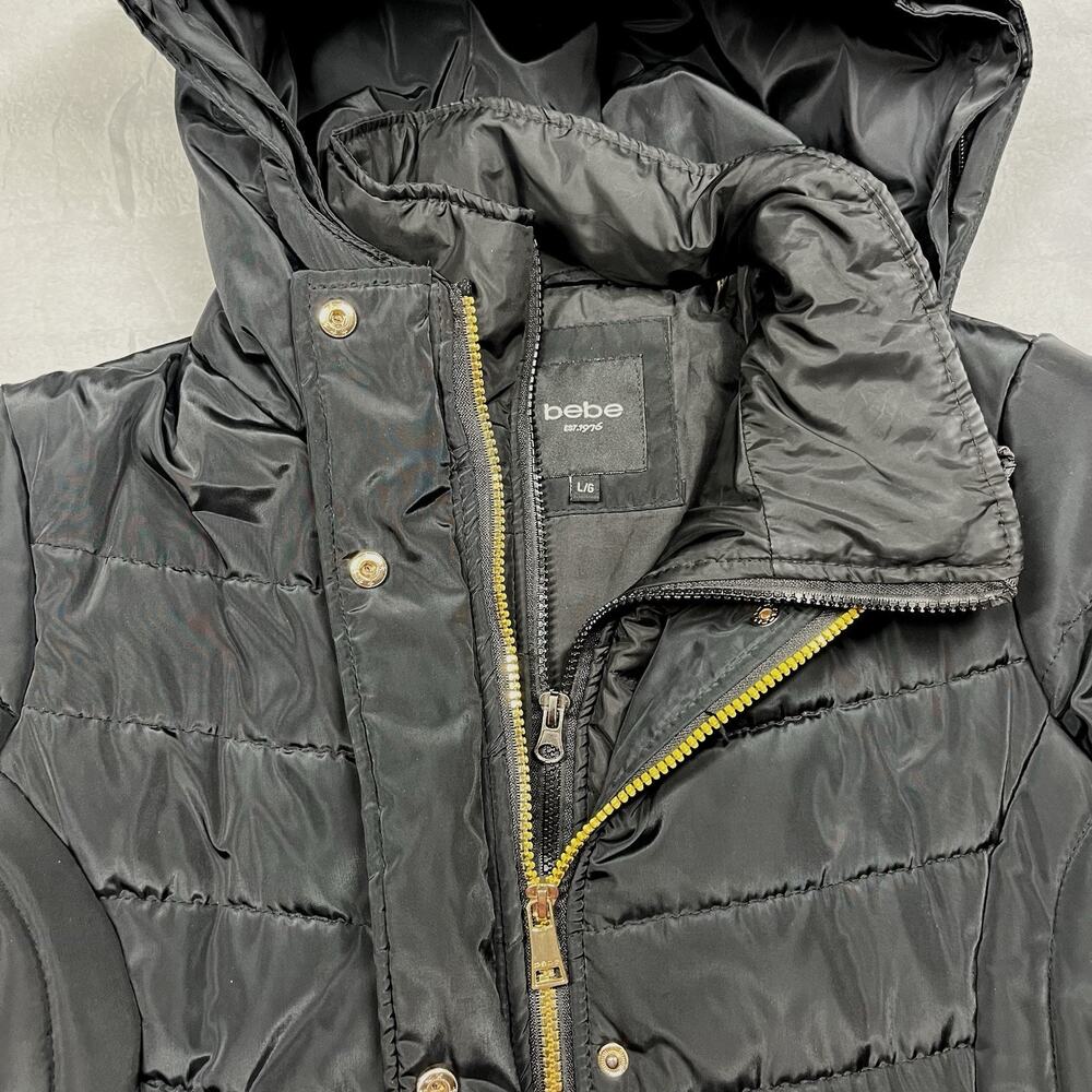 Bebe Long Black Puffer Coat Belted Gold Accents Womens L Double Zipper Hooded - Picture 5 of 16